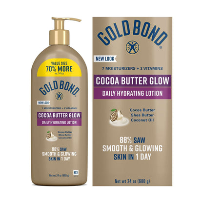 Gold Bond Cocoa Butter Glow Daily Hydrating Lotion with Cocoa Shea Butter &amp; Coconut Oil, Exfoliating and Moisturizing Lotion for Dry Skin, 24 oz