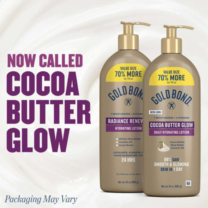 Gold Bond Cocoa Butter Glow Daily Hydrating Lotion with Cocoa Shea Butter &amp; Coconut Oil, Exfoliating and Moisturizing Lotion for Dry Skin, 24 oz