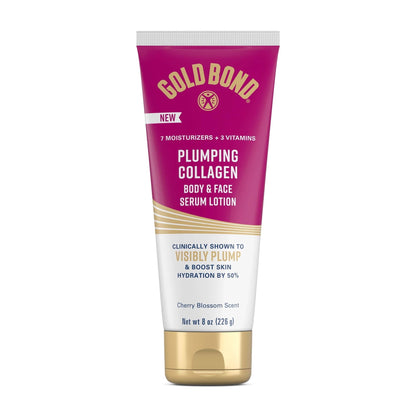 Gold Bond Plumping Collagen Body and Face Serum Lotion, Lightweight Hydrating Moisturizer with Collagen Peptide Complex, Jojoba and Grapeseed Oils to Visibly Plump Skin, Cherry Blossom Scent, 8 oz
