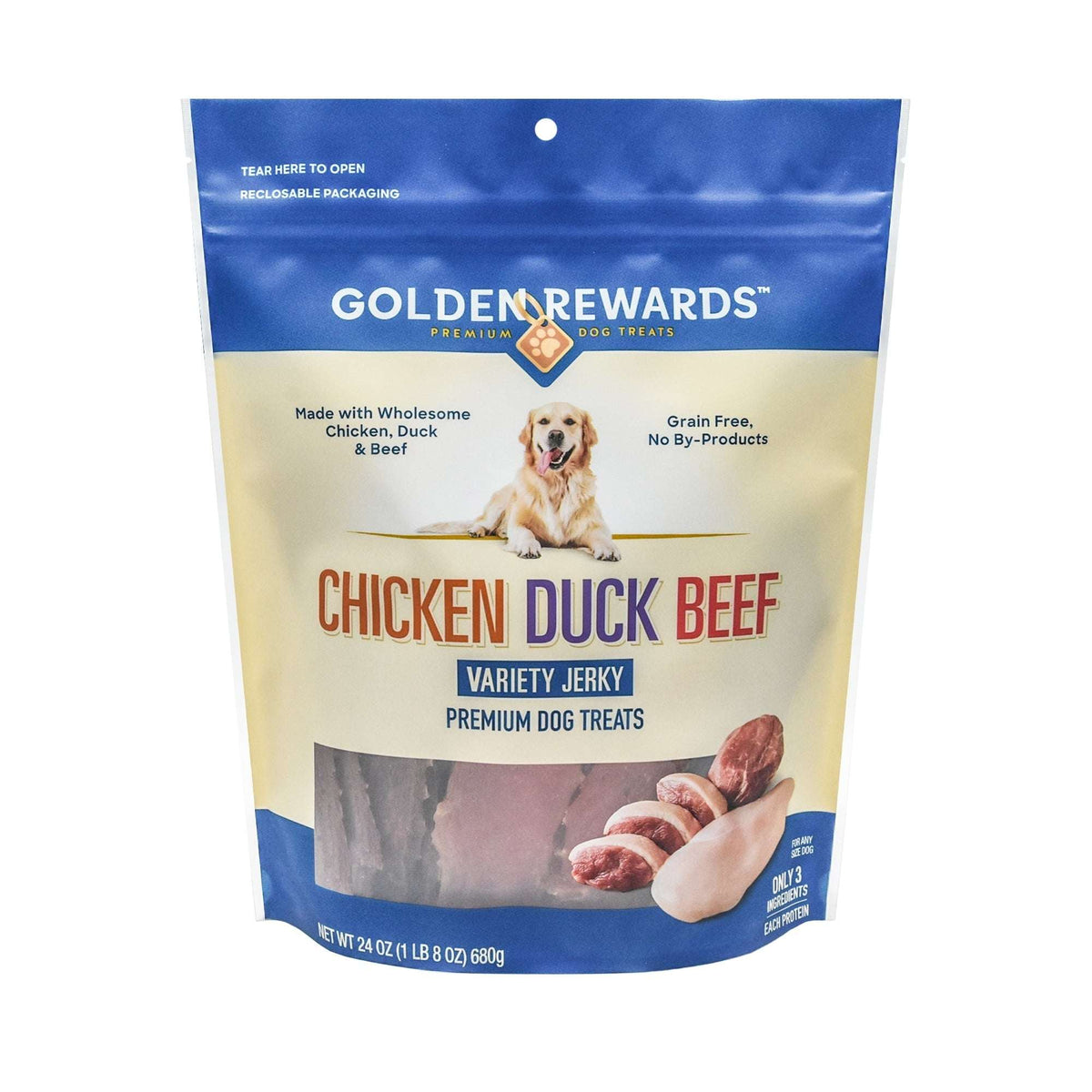 Golden Rewards Chicken, Duck and Beef Premium Variety Dry Jerky Treats for Dogs, Chicken, Duck and Beef Recipe 12 oz Bag