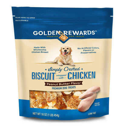 Golden Rewards Peanut Butter Flavor Biscuit Wrapped with Chicken Dry Training Treats for All Dogs