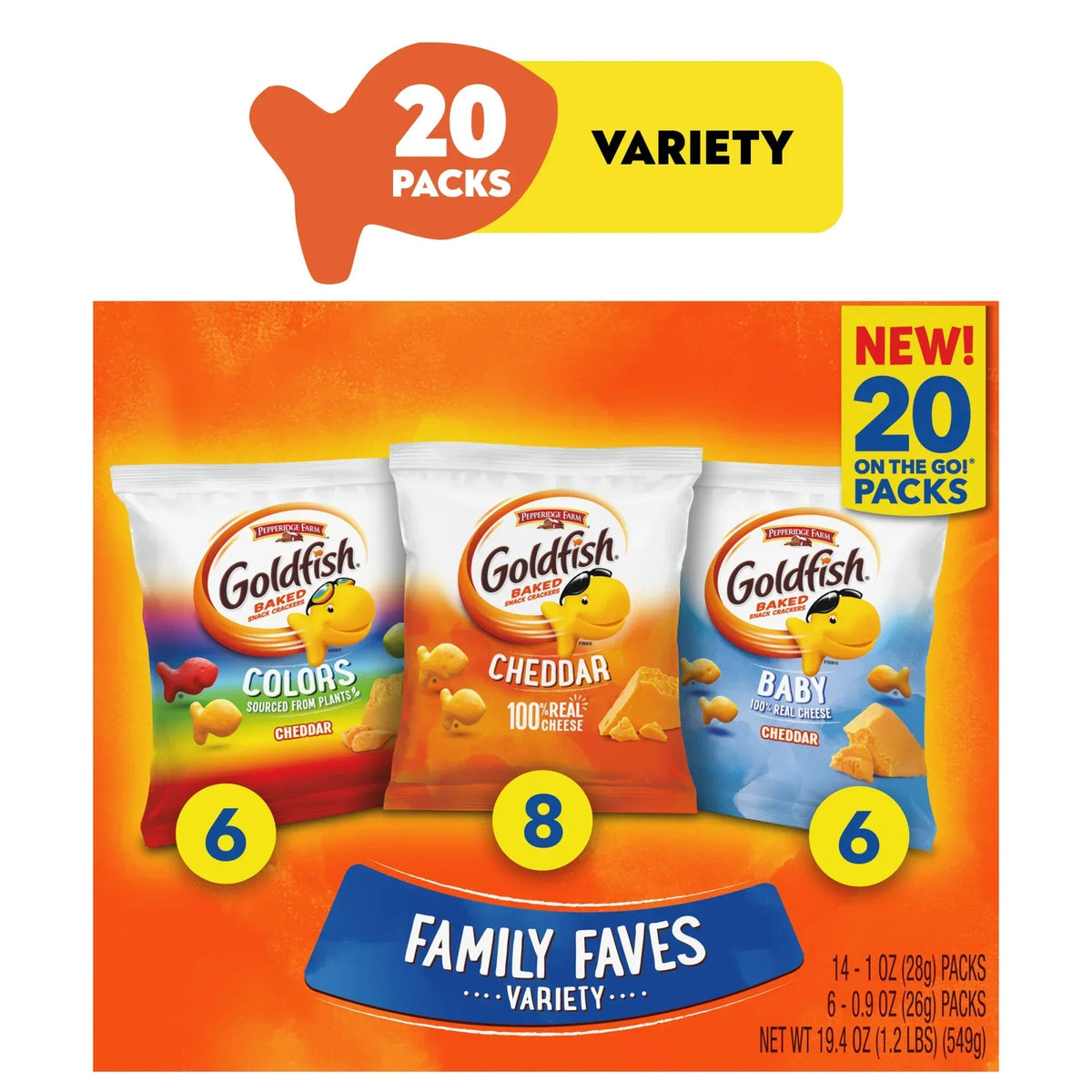 Goldfish Family Faves Crackers, Cheddar, Colors and Baby Crackers Snack Pack, 0.9 oz, 20-Count Variety Pack Box