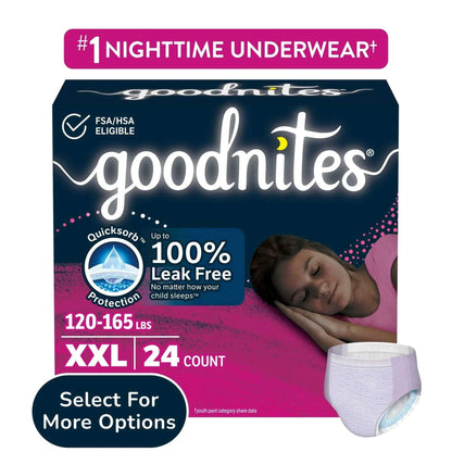 Goodnites Girls' Nighttime Bedwetting Underwear, Size XXL (120-165 lbs), 24 Count
