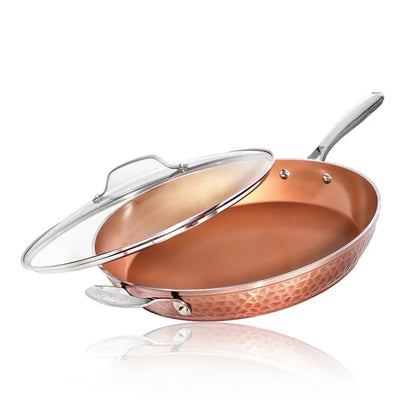 Gotham Steel Hammered Copper 12 Inch Non Stick Frying Pans with Lid, Frying Pans Nonstick with Lid, Non Toxic Ceramic Pan for Cooking, Nonstick Frying Pan, Induction Pan, Oven and Dishwasher Safe