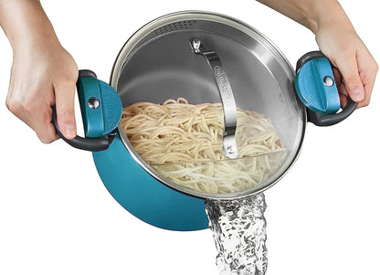 Gotham Steel 5 Qt Nonstick Pasta Pot with Strainer Lid & Twist and Lock Handles, Multipurpose Stock Pot, Dishwasher Safe, Aqua Blue