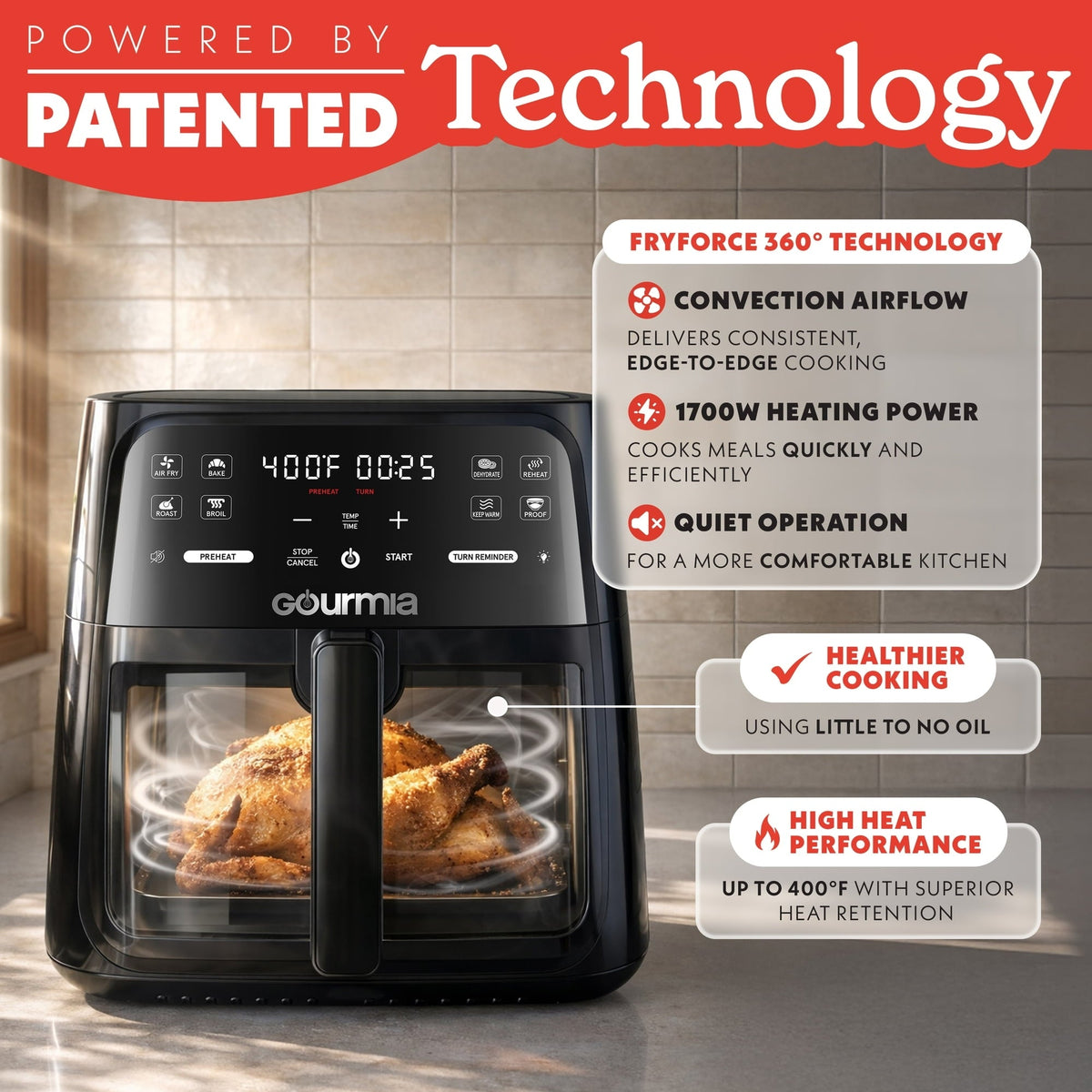 Gourmia 8 Qt Air Fryer, 8 Presets with Digital Display, FryForce 360° Technology, Easy View Window & Interior Light, Dishwasher Safe Basket, Black