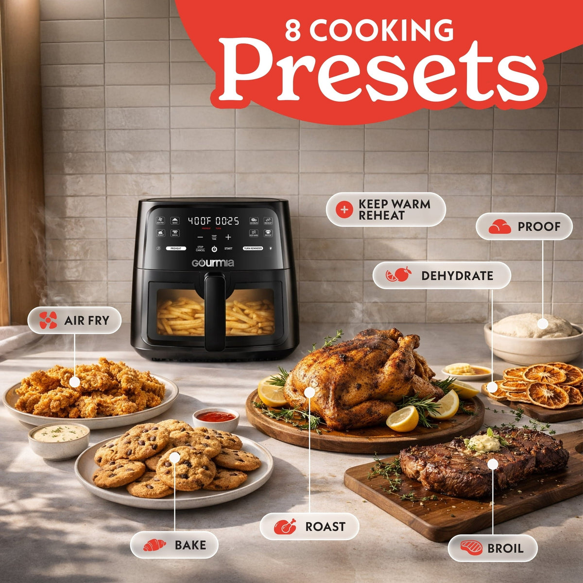 Gourmia 8 Qt Air Fryer, 8 Presets with Digital Display, FryForce 360° Technology, Easy View Window & Interior Light, Dishwasher Safe Basket, Black