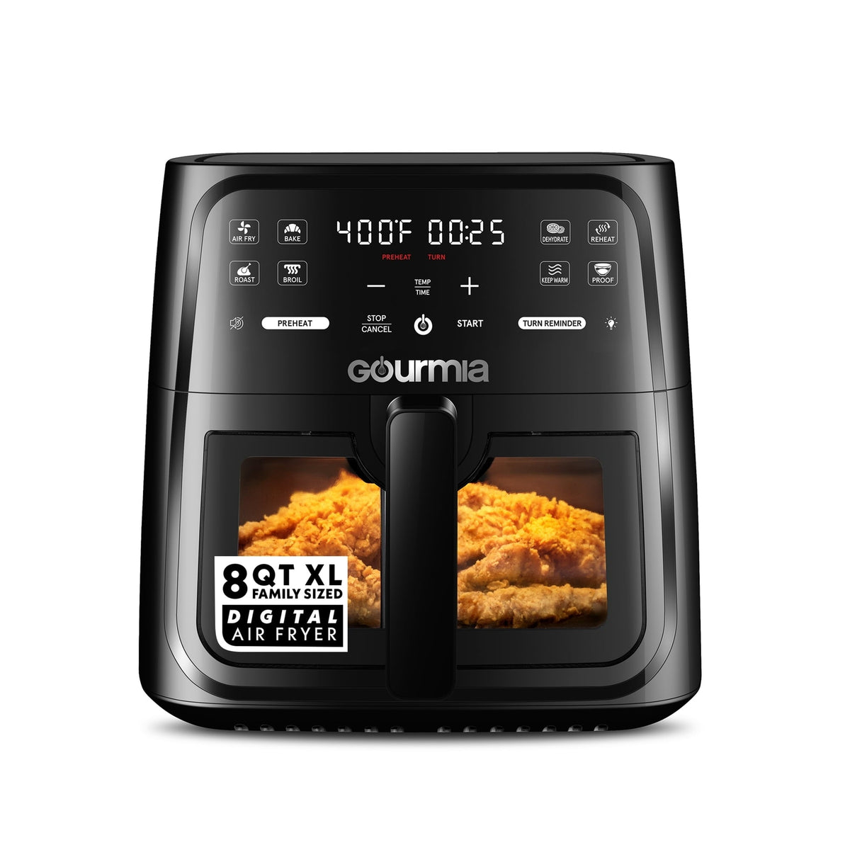 Gourmia 8 Qt Air Fryer, 8 Presets with Digital Display, FryForce 360° Technology, Easy View Window & Interior Light, Dishwasher Safe Basket, Black