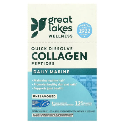 Great Lakes Wellness Sustainable Marine Collagen Peptides Powder for Skin, Hair, Nails, Joints & Digestion - Unflavored - Quick Dissolve Hydrolyzed, Wild Caught, MSC Certified, Non-GMO, Kosher - 16 oz