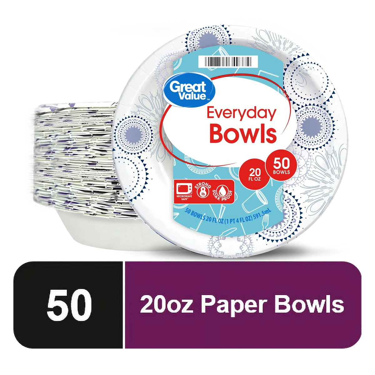 Great Value Everyday Disposable Paper Bowls, 20 oz, 50 Count