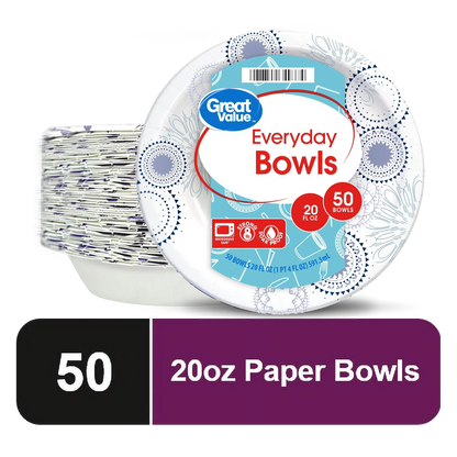 Great Value Everyday Disposable Paper Bowls, 20 oz, 50 Count