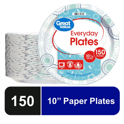 Great Value Disposable Paper Plates, 10", 150 Count