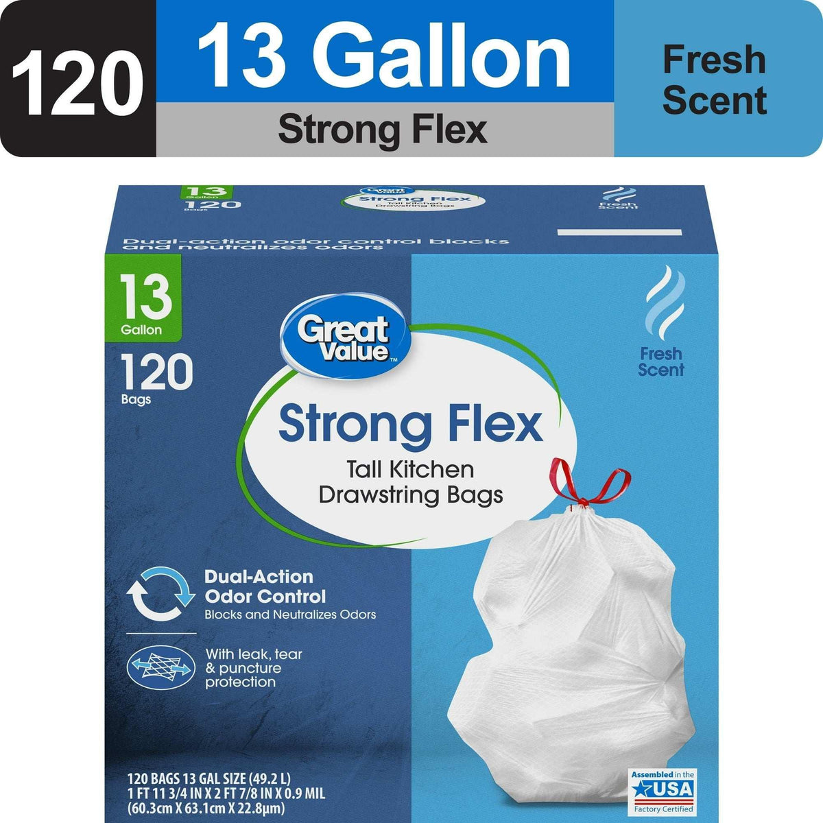 Great Value Strong Flex 13-Gallon Drawstring Tall Kitchen Trash Bags, Fresh Scent, 40 Bags