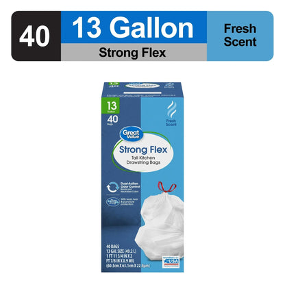 Great Value Strong Flex 13-Gallon Drawstring Tall Kitchen Trash Bags, Fresh Scent, 40 Bags