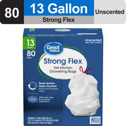 Great Value Strong Flex 13-Gallon Drawstring Tall Kitchen Trash Bags, Fresh Scent, 40 Bags