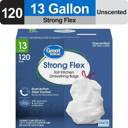 Great Value Strong Flex 13-Gallon Drawstring Tall Kitchen Trash Bags, Fresh Scent, 40 Bags