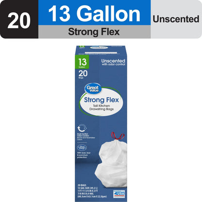 Great Value Strong Flex 13-Gallon Drawstring Tall Kitchen Trash Bags, Fresh Scent, 40 Bags