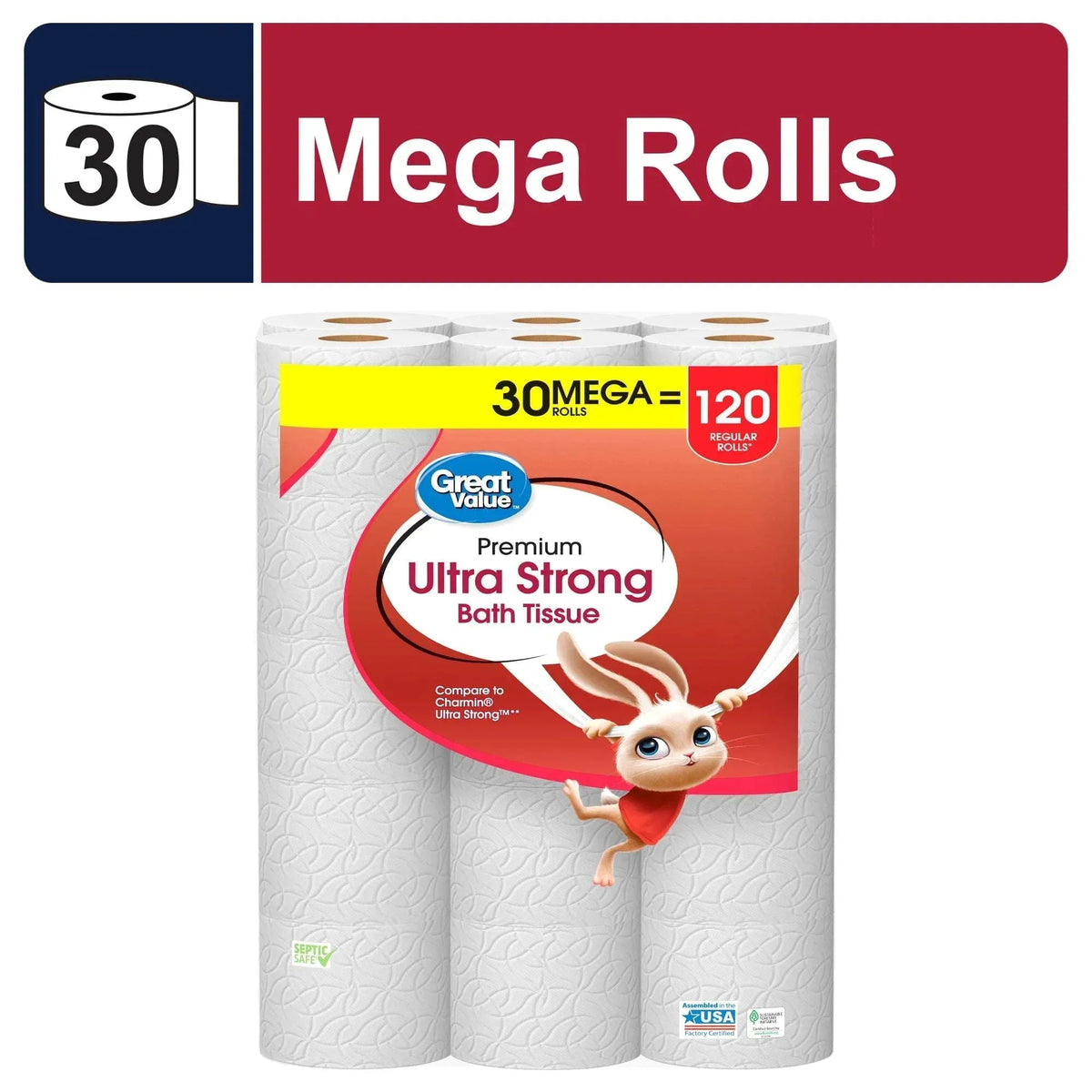Great Value Ultra Strong 2-Ply Toilet Paper, 30 Mega Rolls, Compare to Charmin® Ultra Strong
