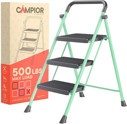 Black 3 Step Stool Foldable – Heavy-Duty Foldable Step Stool, 500 lbs Capacity, Anti-Slip Feet & Wide Steps, Sturdy Steel Frame, Lightweight & Space-Saving Design for Home, Kitchen & Garage
