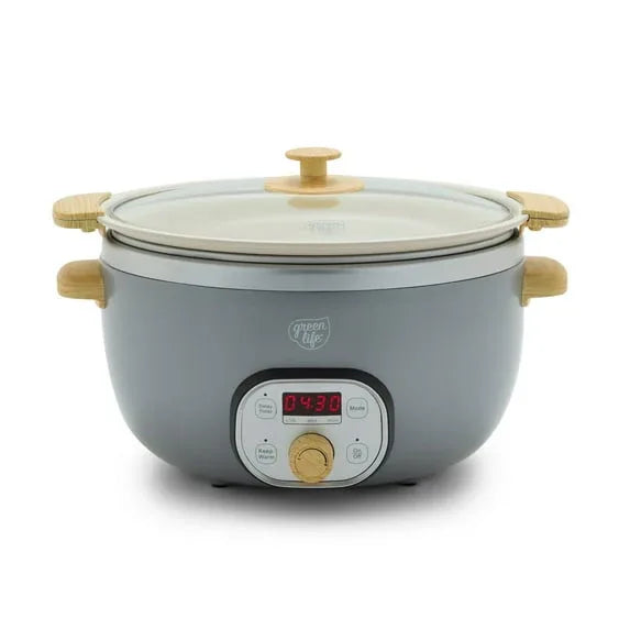 GreenLife 6 Quart Non Stick Family Meal Slow Cooker with Removable Pot, Cream