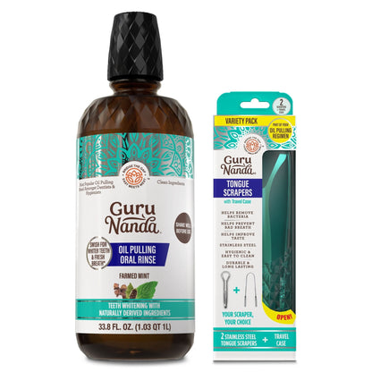 GuruNanda Oil Pulling Oral Rinse + Tongue Scraper Variety Pack Set