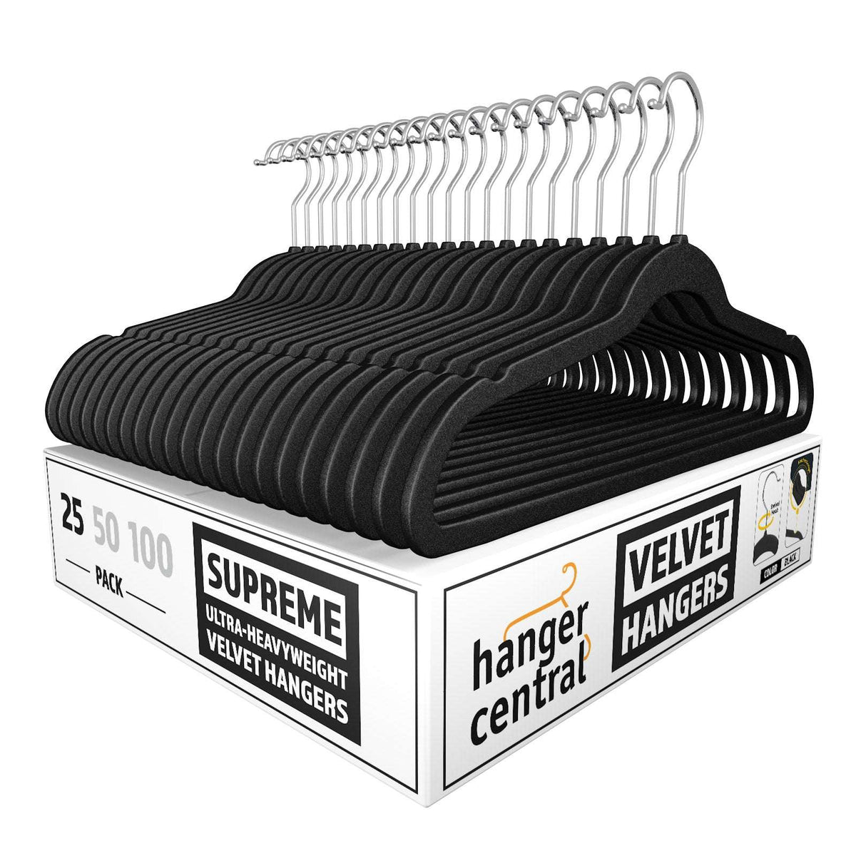 Hanger Central 25 pack 17 Inch Black Velvet Clothes Hangers with Swivel Hook