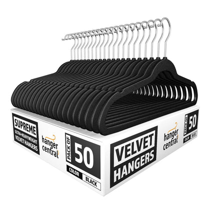 Hanger Central 25 pack 17 Inch Black Velvet Clothes Hangers with Swivel Hook