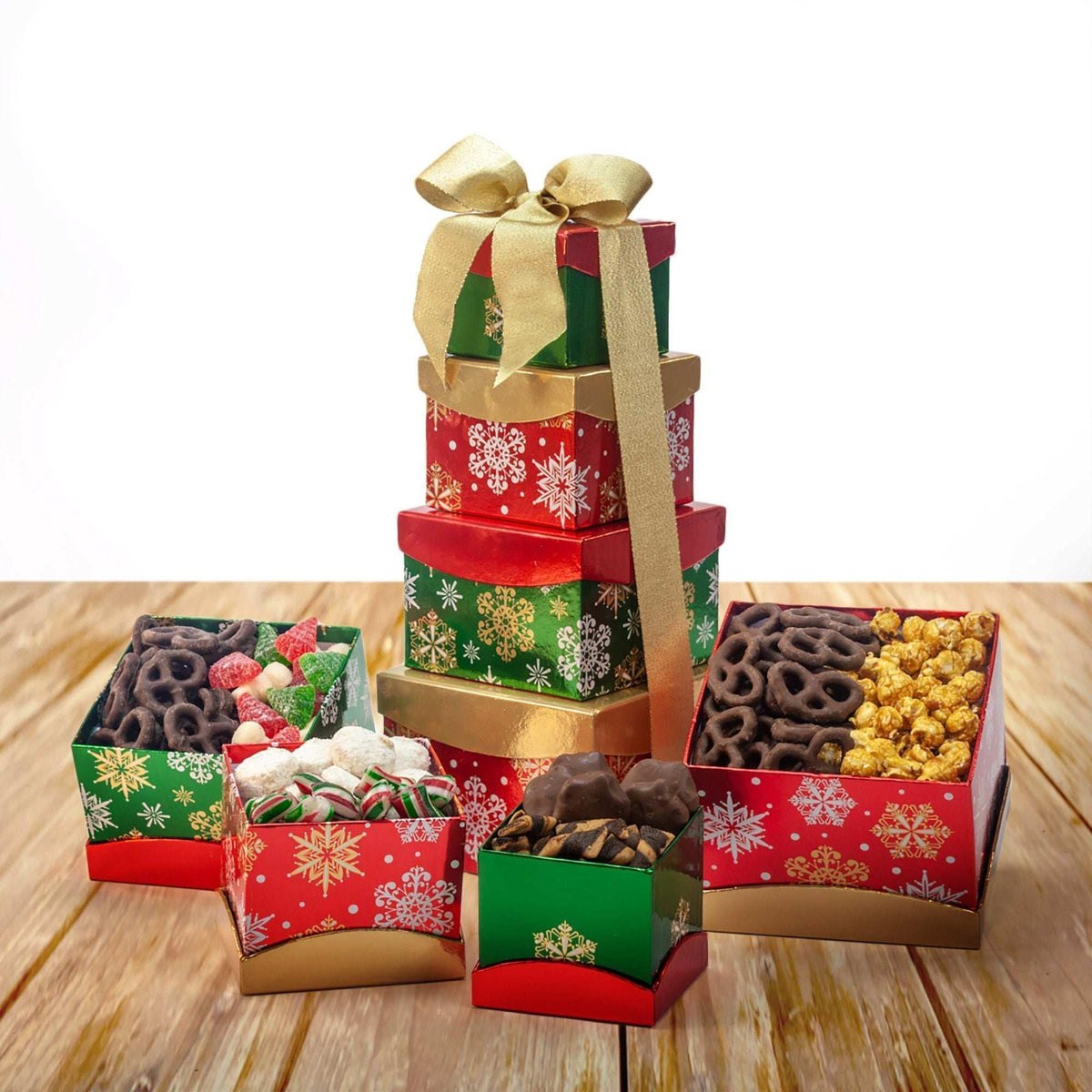 Happy Holidays Snowflake Tower of Sweets 4-Tier Tower, 1.92 lbs Total, Pre-Order