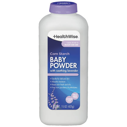 HealthWise Corn Starch Baby Powder | Soothing Lavender Scent | Talc Free | Paraben & Phthalate Free | Absorbs Moisture | 15 oz (425g)