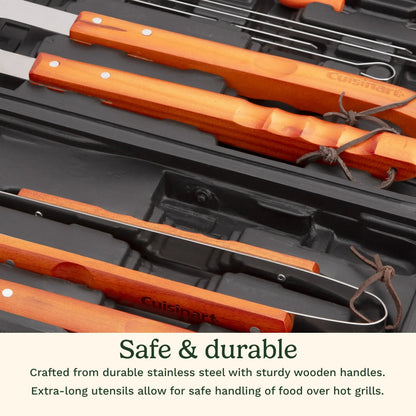 Heavy-Duty Stainless Steel BBQ Grill Tool Set, 3-Piece Knife, Fork, Tongs, with Carry Bag, Rose Wooden Handles