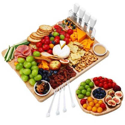 Hecef Bamboo Cheese Board and Knife Set, 13-Piece Large Charcuterie Serving Tray, 17 in
