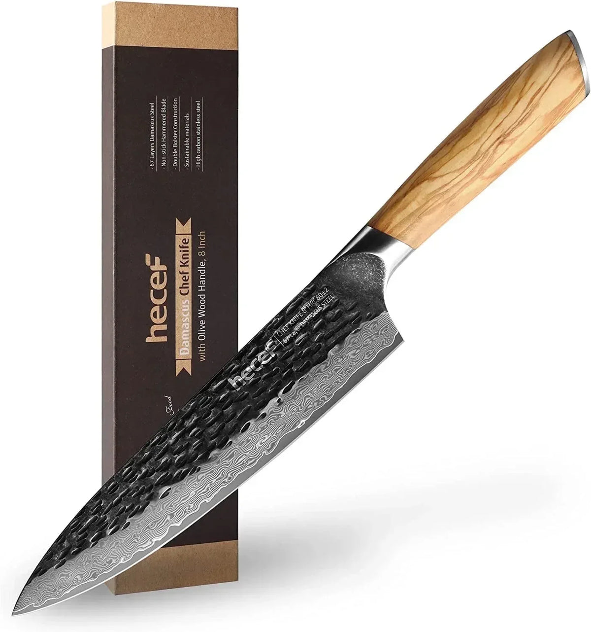 Hecef Japanese Chef Knife, Forged 67-Layer Damascus Steel Ultra Sharp Professional Hammered Carving Knife