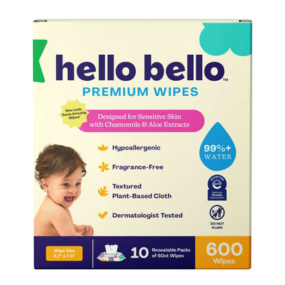 Hello Bello Premium Fragrance-Free Baby Wipes, 3 Flip-Top Pouches (180 Total Wipes)
