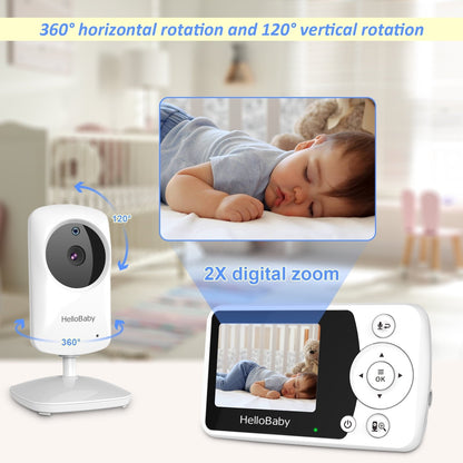 HelloBaby HB31 Night Vision baby monitor with Camera and Audio, 1000ft, No Wifi, Lullaby, 2.4" LCD.