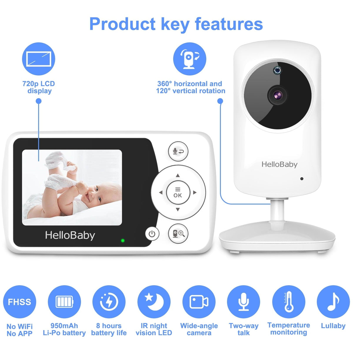 HelloBaby HB31 Night Vision baby monitor with Camera and Audio, 1000ft, No Wifi, Lullaby, 2.4" LCD.