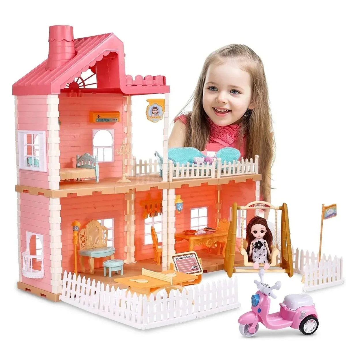 Hengswere 19Inch Dollhouse for Girls, 3 Rooms Princess Dollhouses with Furniture & Accessories and Doll Toy, Premium ABS Plastic, Pink
