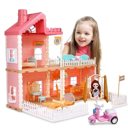 Hengswere 19Inch Dollhouse for Girls, 3 Rooms Princess Dollhouses with Furniture & Accessories and Doll Toy, Premium ABS Plastic, Pink