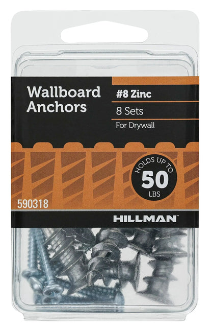Hillman Drywall Wallboard Anchor Screws, #8, Zinc, 50 lb., Silver, 8 pack