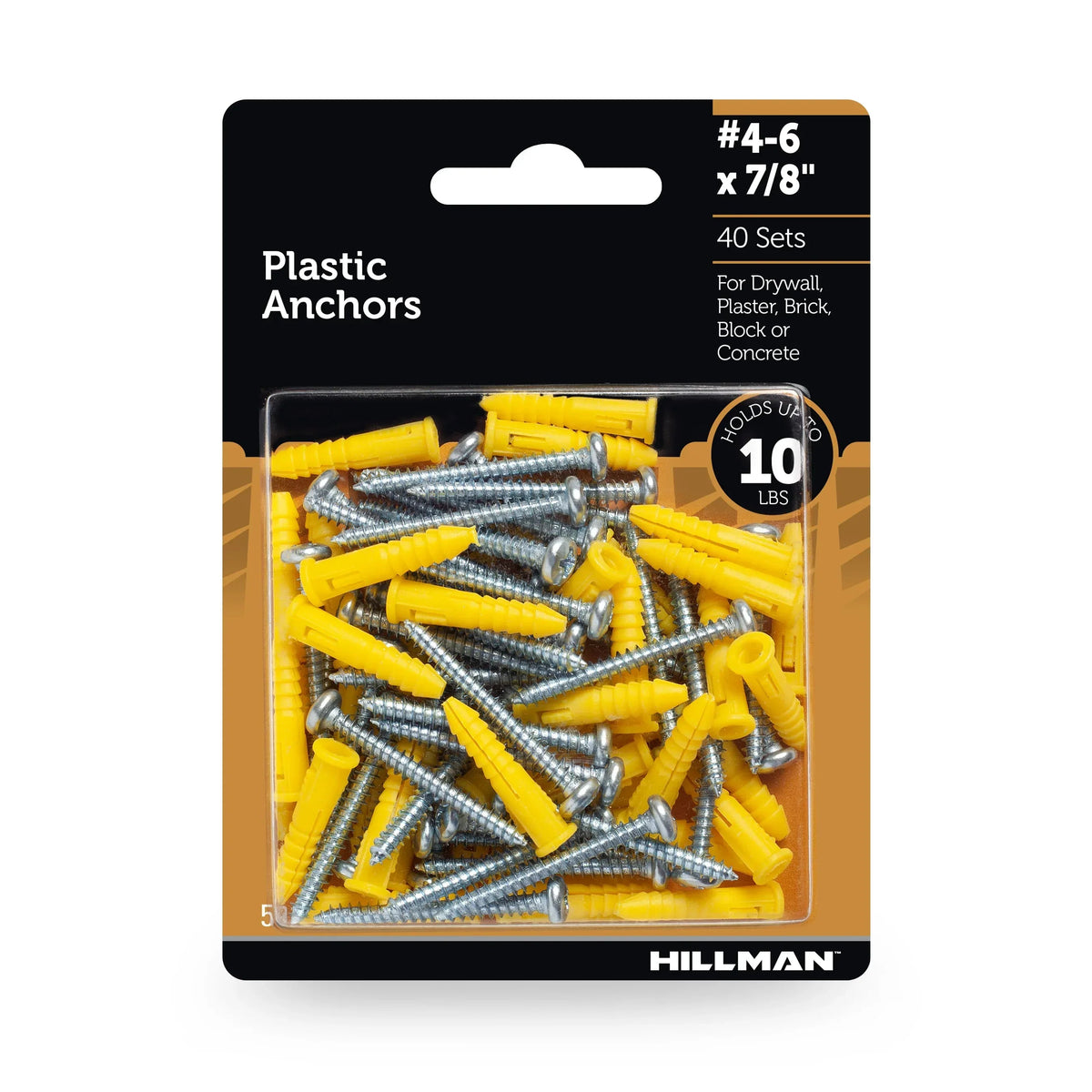 Hillman Multi-Material Ribbed Anchor Screws, #4-6 x 7/8", Plastic and Steel, 10 lbs, Yellow, 6 sets