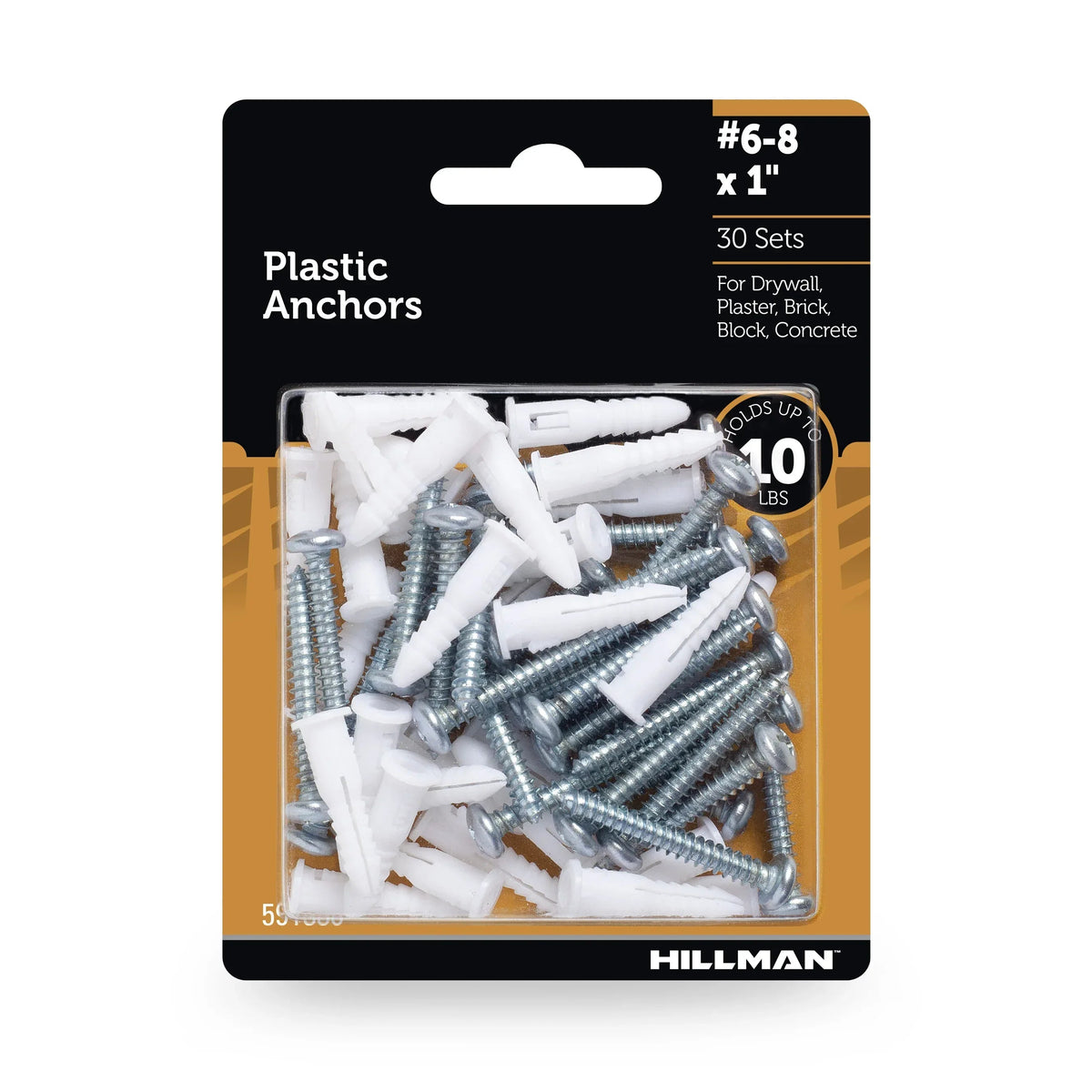 Hillman Multi-Material Ribbed Anchor Screws, #4-6 x 7/8", Plastic and Steel, 10 lbs, Yellow, 6 sets