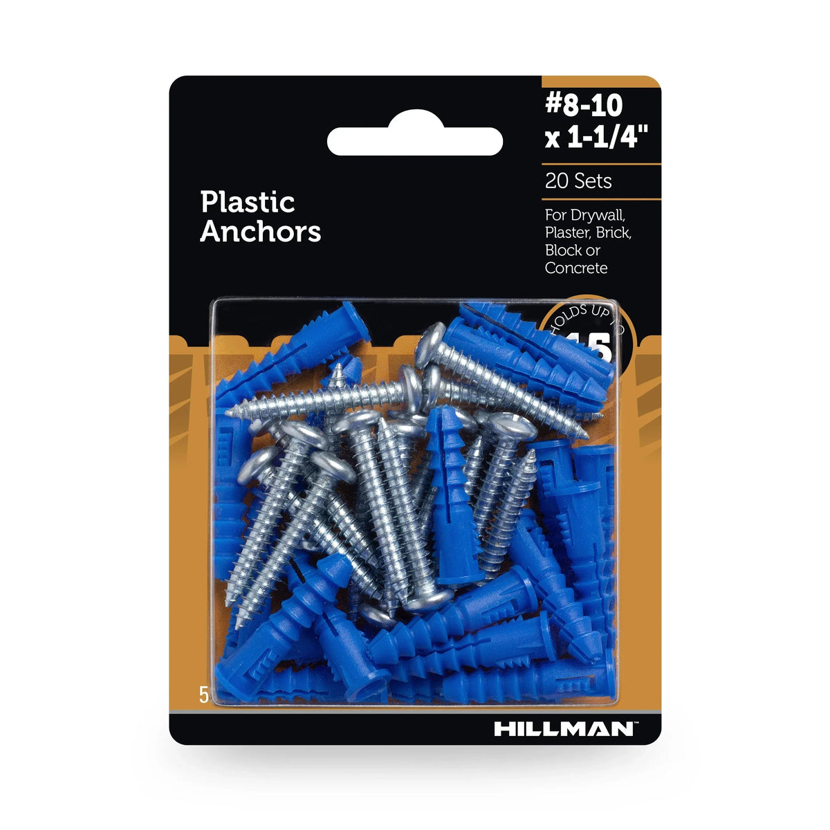 Hillman Multi-Material Ribbed Anchor Screws, #4-6 x 7/8", Plastic and Steel, 10 lbs, Yellow, 6 sets