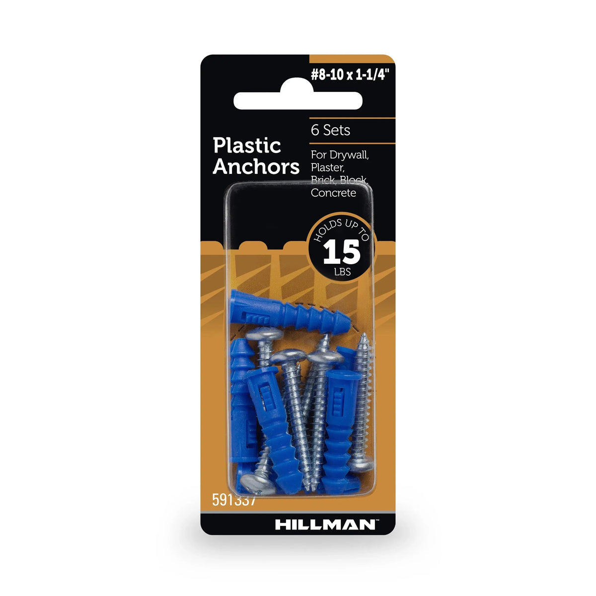 Hillman Multi-Material Ribbed Anchor Screws, #4-6 x 7/8", Plastic and Steel, 10 lbs, Yellow, 6 sets