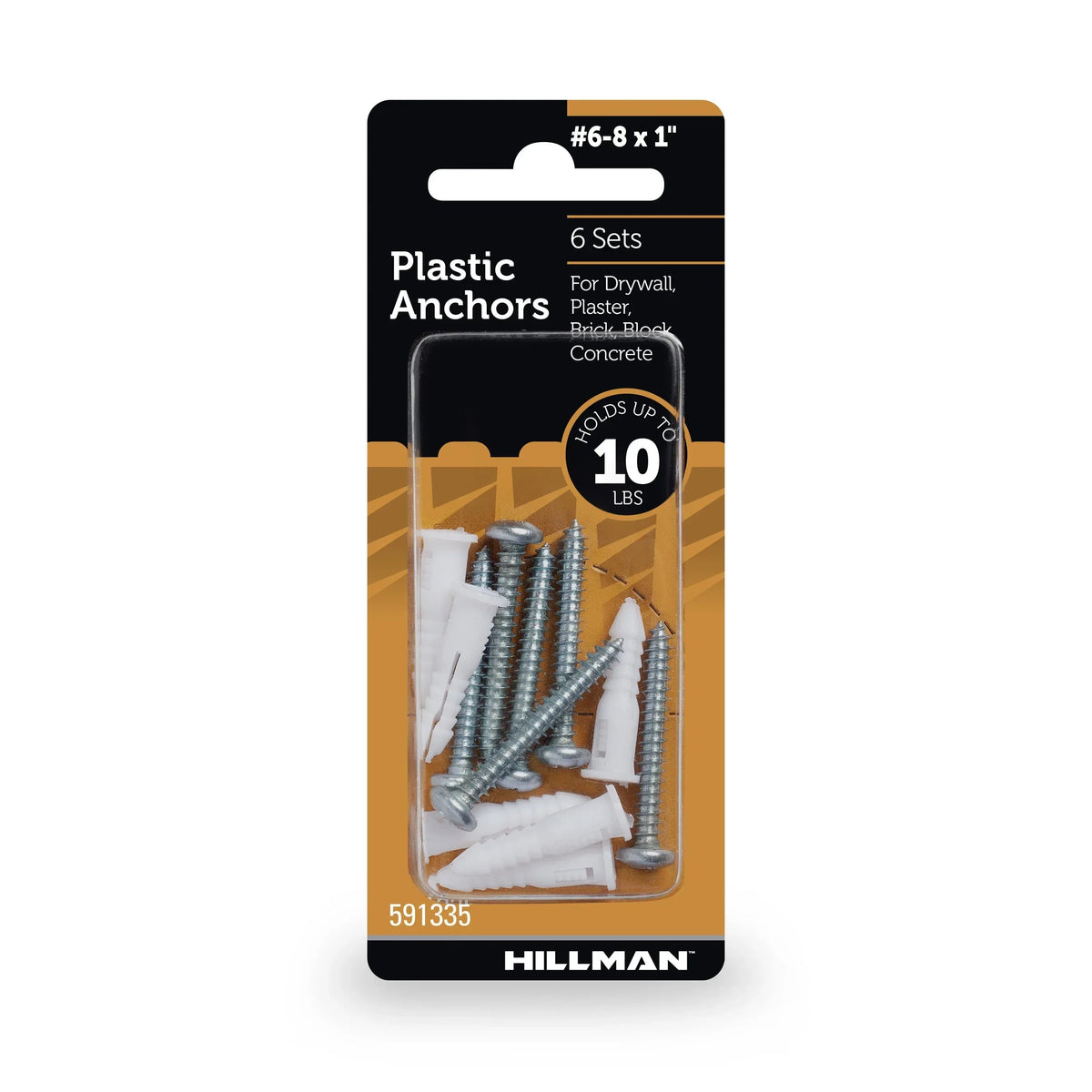 Hillman Multi-Material Ribbed Anchor Screws, #4-6 x 7/8", Plastic and Steel, 10 lbs, Yellow, 6 sets