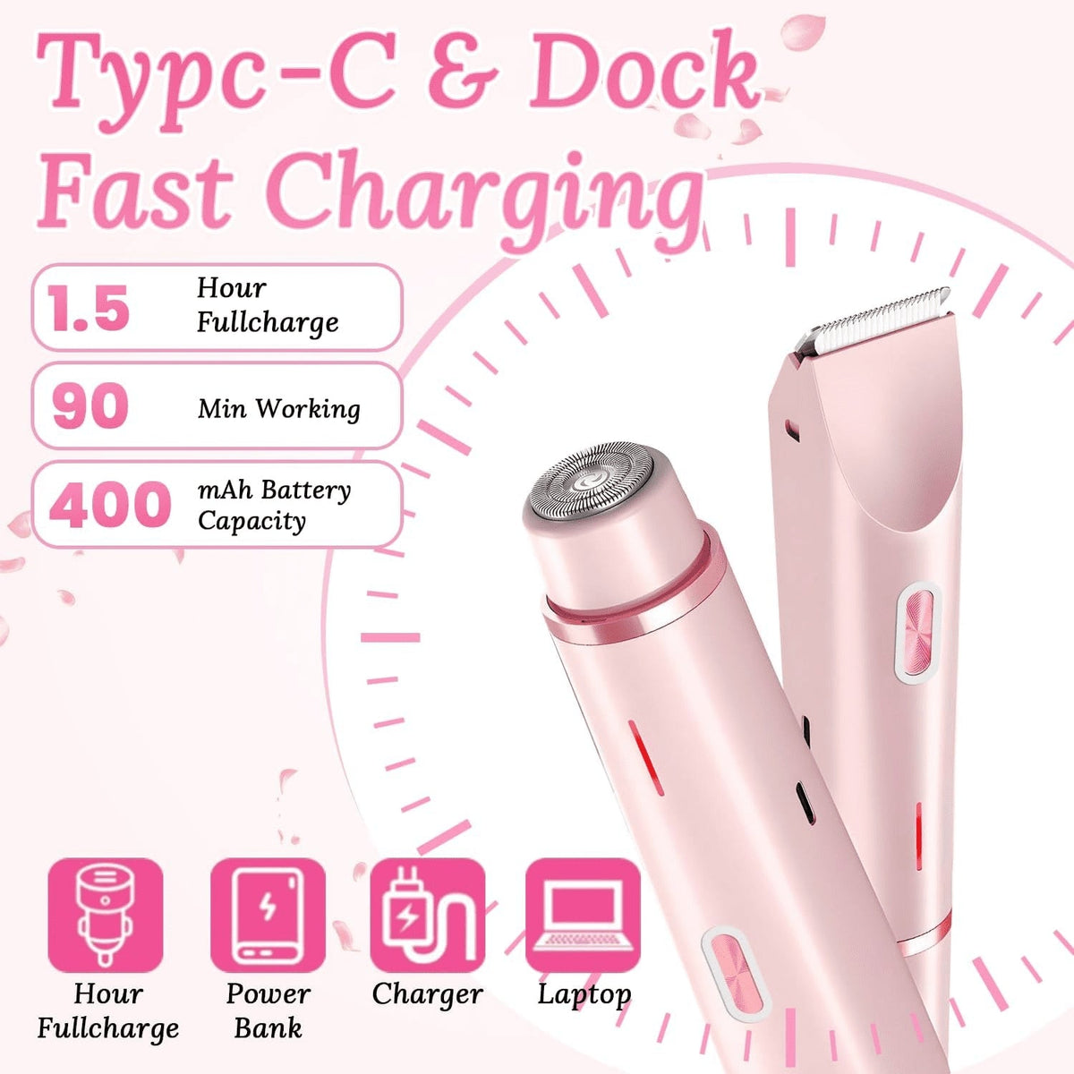 Hoeylife Body Trimmer for Women, Dual-Head Electric Razor, Bikini Trimmer with Dual Ceramic Blades, USB Rechargeable Wet Dry Use IPX7 Waterproof