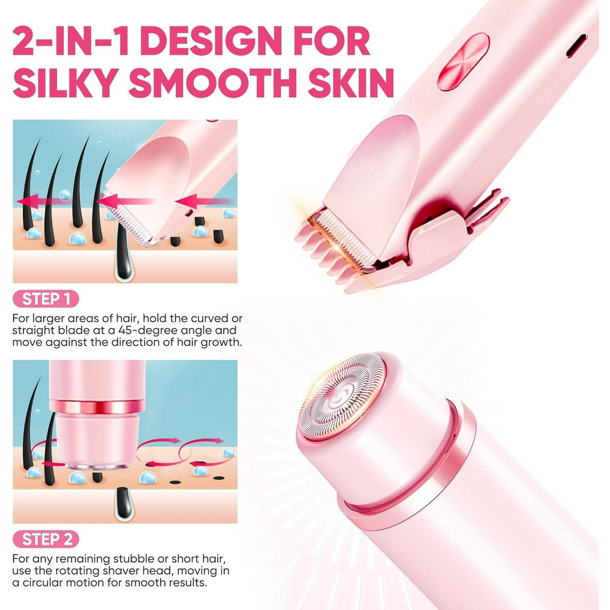 Hoeylife Body Trimmer for Women, Dual-Head Electric Razor, Bikini Trimmer with Dual Ceramic Blades, USB Rechargeable Wet Dry Use IPX7 Waterproof