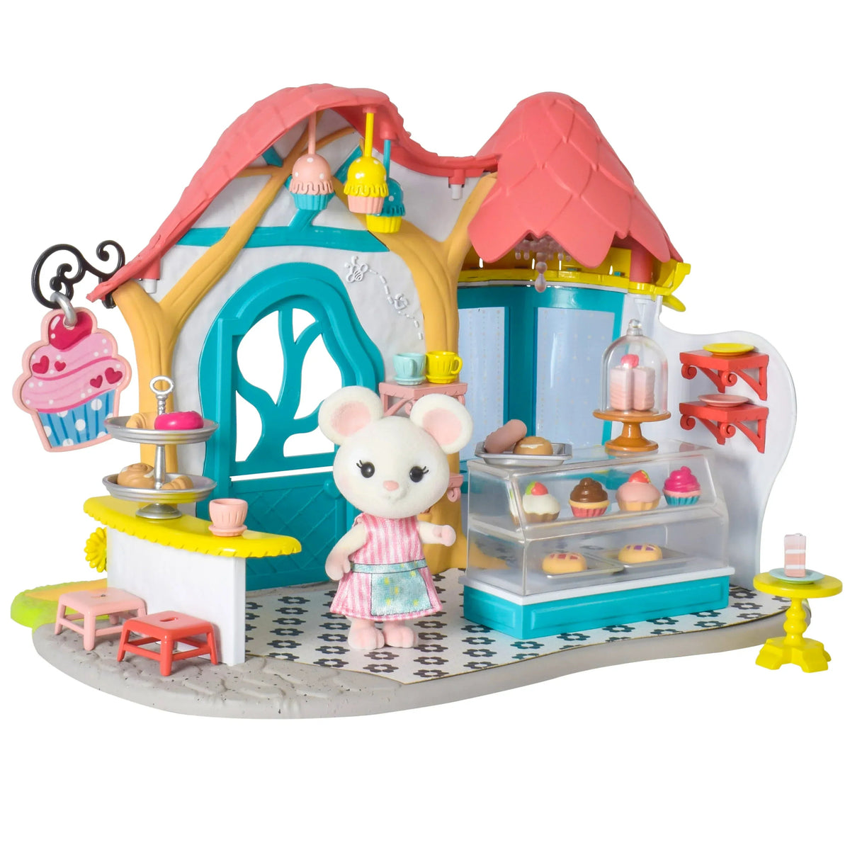 Honey Bee Acres Bees Teas Pastry Shop – 35 Piece Miniature Bakery Dollhouse with Cupcakes, Tea Cups & Exclusive Mouse Figure – Kids Ages 3+