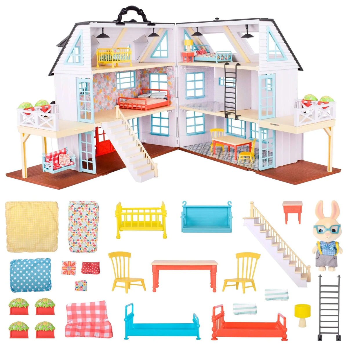 Honey Bee Acres Buzzby Farmhouse – 25 Piece Three-Story Country Dollhouse with Furniture & Exclusive Rabbit Figure – Doll Playset for Kids Ages 3+