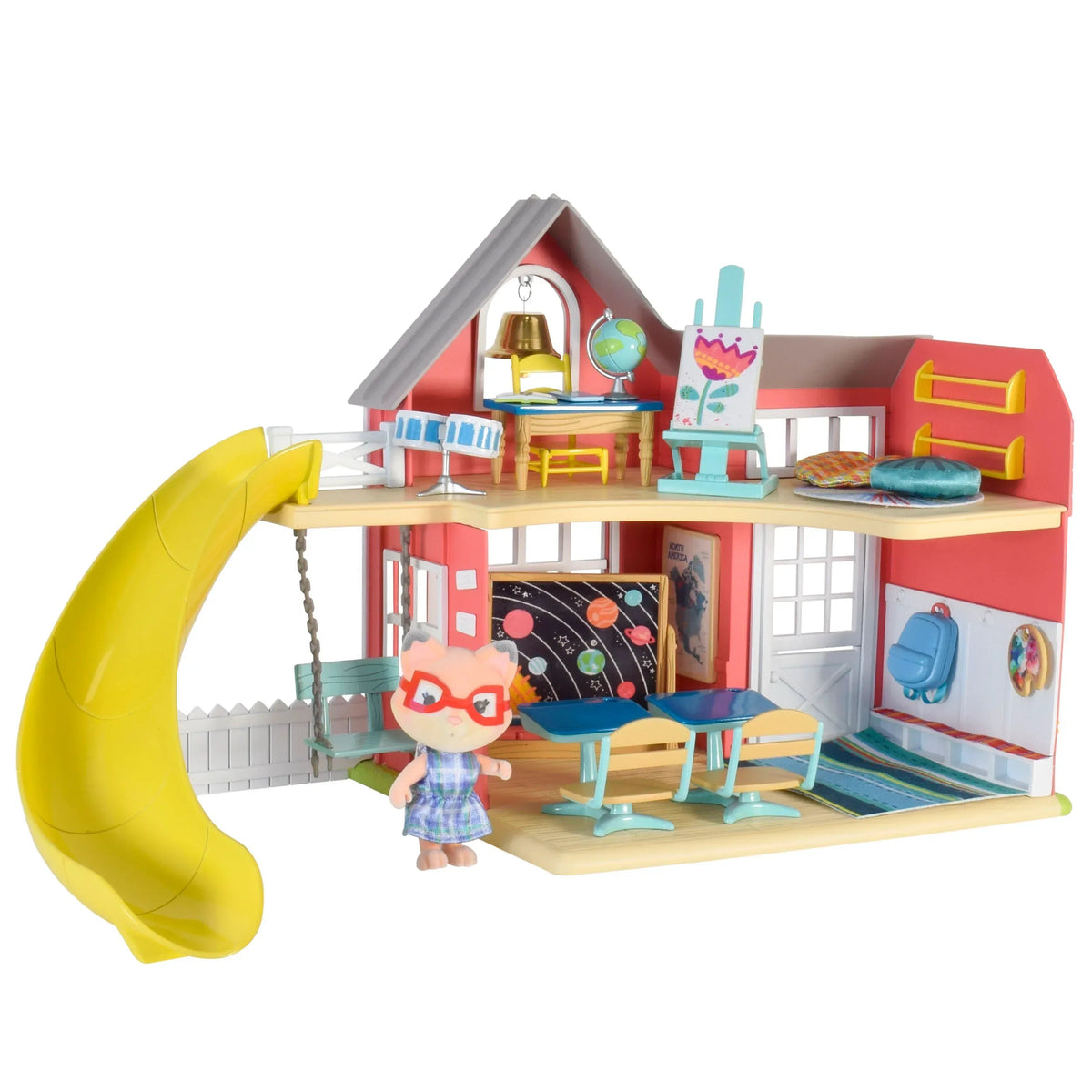 Honey Bee Acres Sunshine Meadow School – 21 Piece Miniature Dollhouse with Accessories & Exclusive Fox Figure – Pretend Play Set for Kids Ages 3+