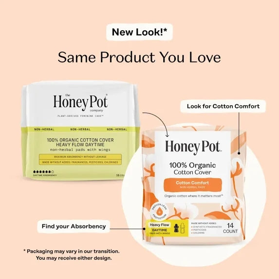 Honey Pot 100% Organic Cotton Cover Cotton Comfort Heavy Flow Daytime Pads, 14ct (PACK OF 3 )