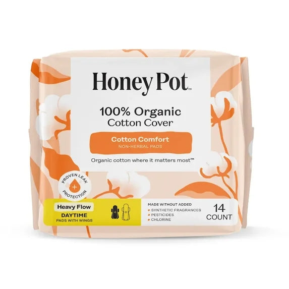 Honey Pot 100% Organic Cotton Cover Cotton Comfort Heavy Flow Daytime Pads, 14ct (PACK OF 3 )